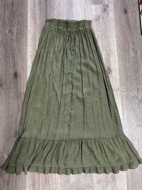 Olive Green Maxi Skirt with Button Front and Ruffle Hem
